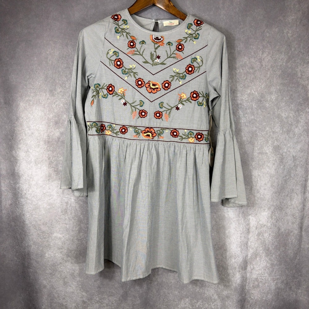Hummingbird Dress Embroidered Floral Pinstripe Bell‎ Sleeve Mini Size M Blue